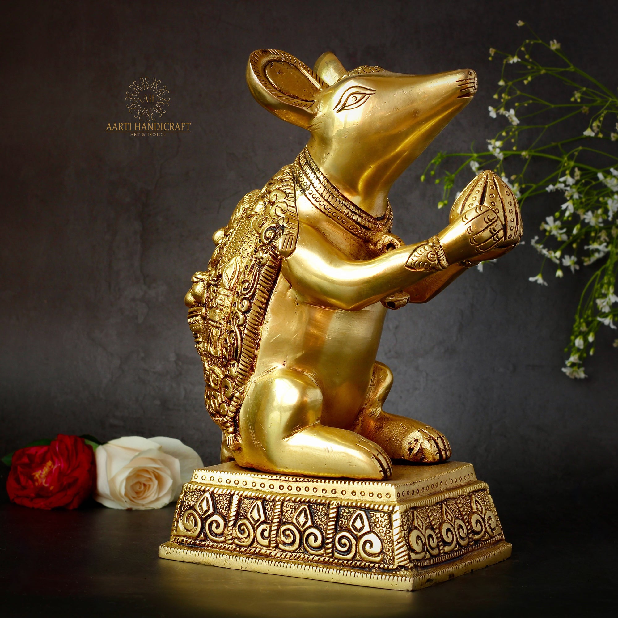 Ganesha's Mushakraj In Brass In 10"(25.4 Cm)