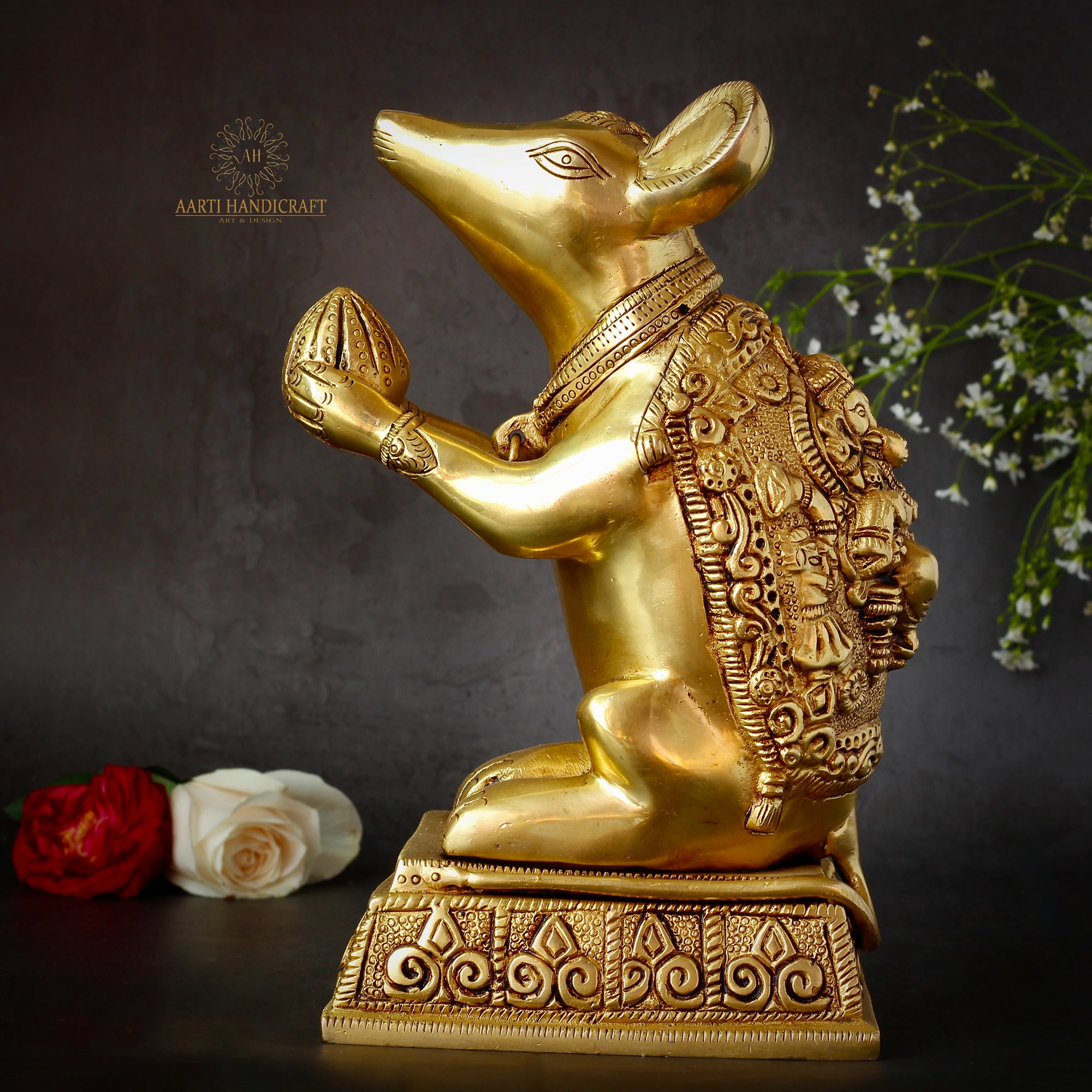 Ganesha's Mushakraj In Brass In 10"(25.4 Cm)