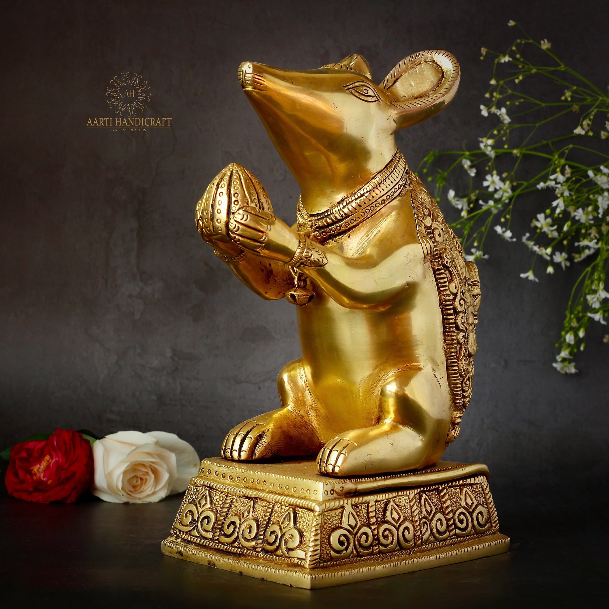 Ganesha's Mushakraj In Brass In 10"(25.4 Cm)