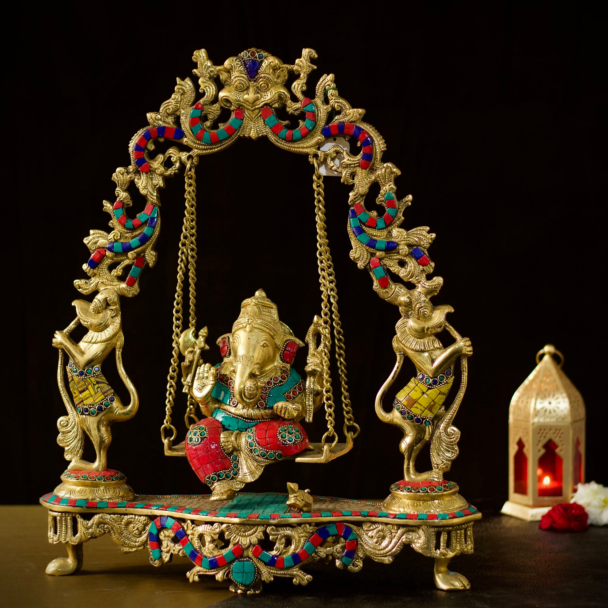 18" Jhula Ganehsa in Brass with Hand Painted and Karigari