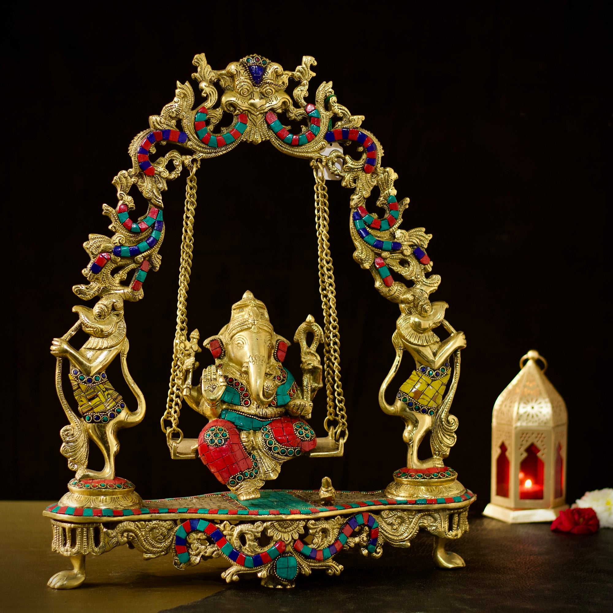 18" Jhula Ganehsa in Brass with Hand Painted and Karigari