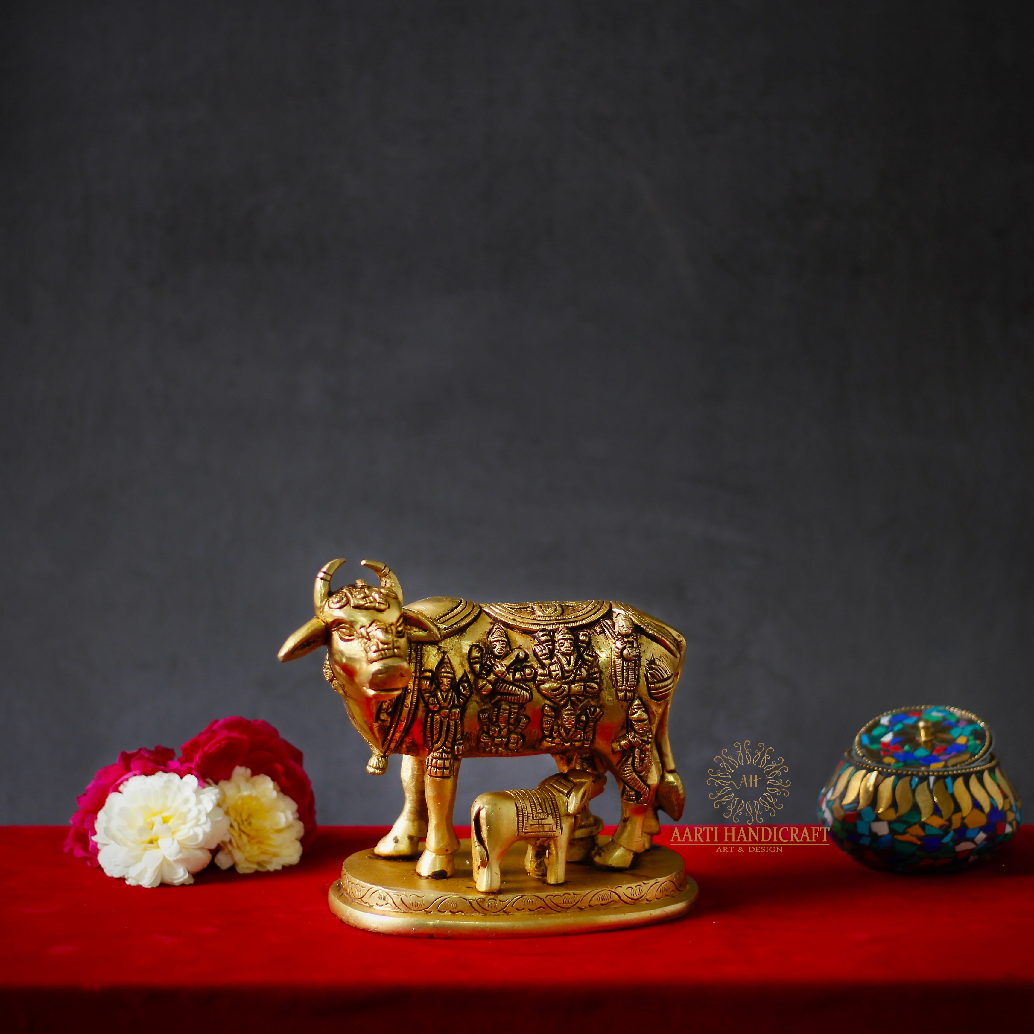 6" Brass Cow and Calf figurine/ Kamdhenu Cow