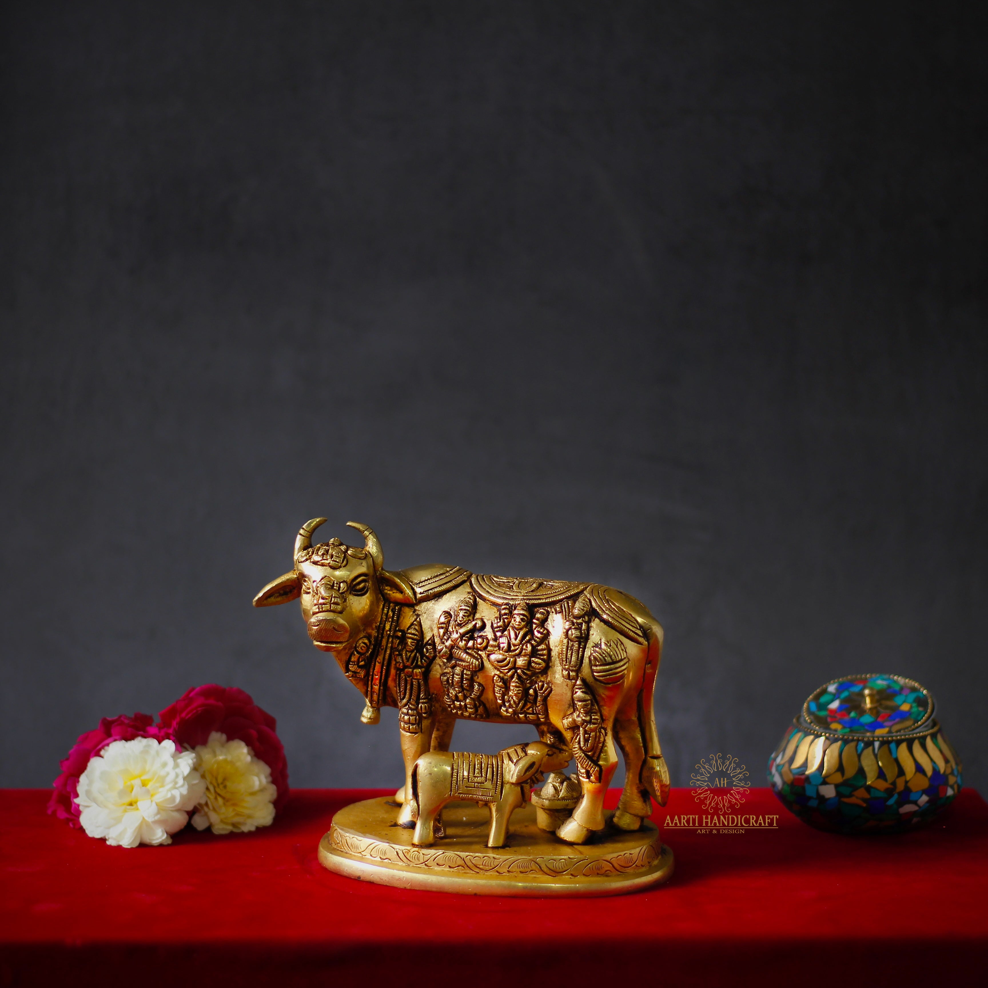 6" Brass Cow and Calf figurine/ Kamdhenu Cow