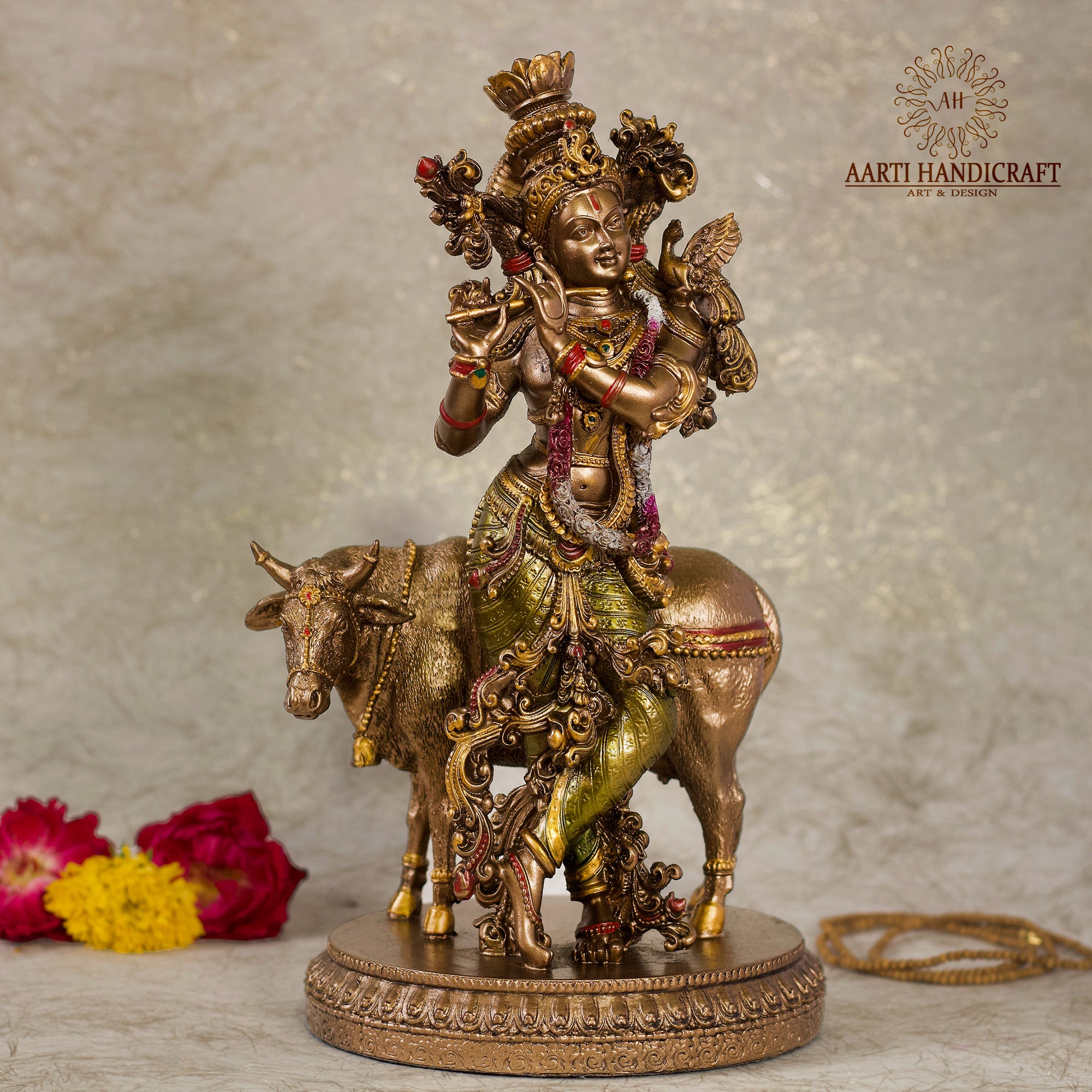 11" Krishna Statue with Cow | Resin (Marble Dust)
