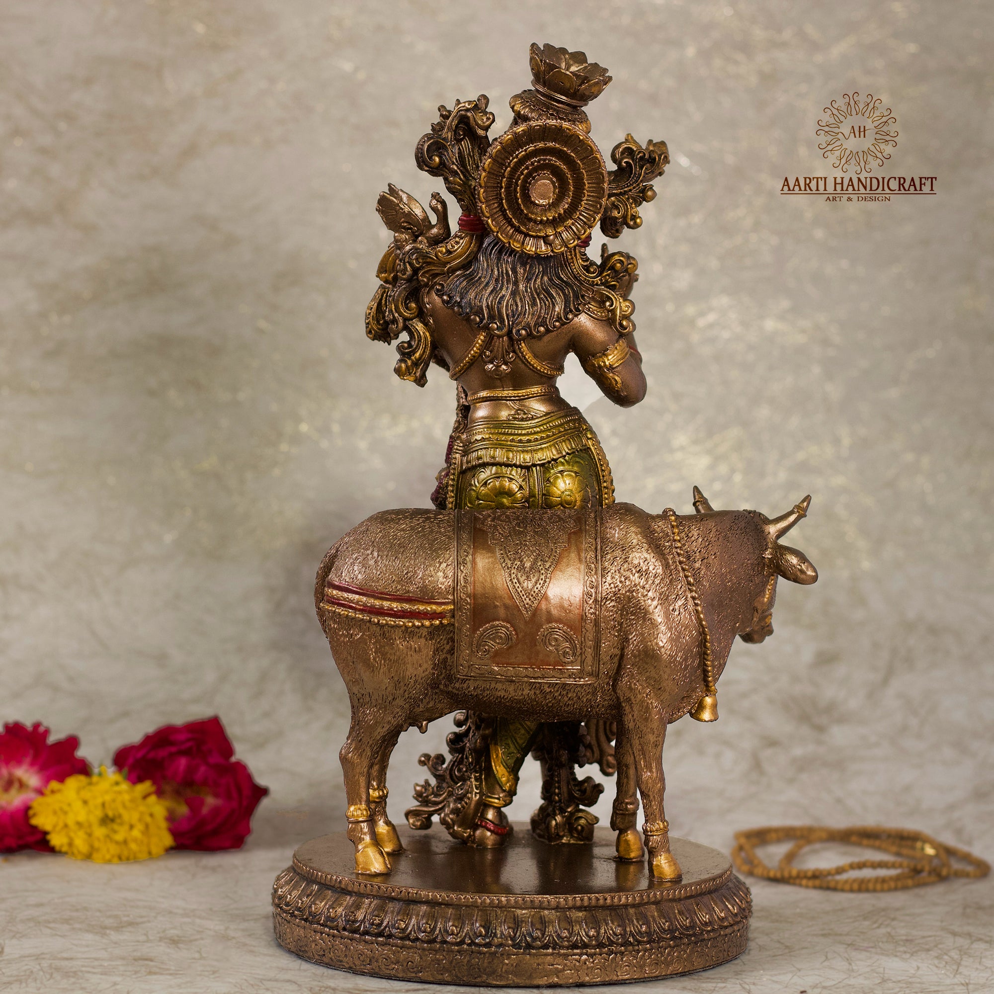 11" Krishna Statue with Cow | Resin (Marble Dust)