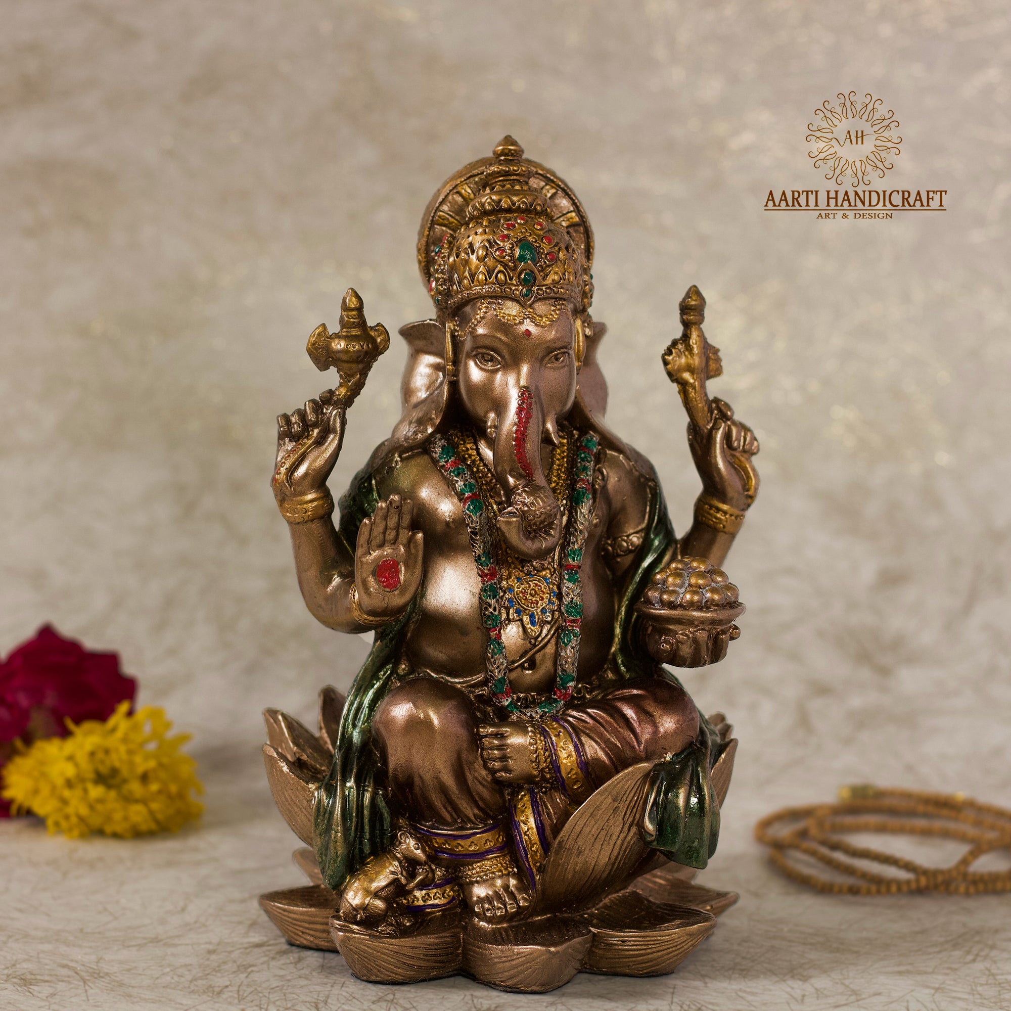 7' Ganesha sitting on lotus | Copper Finish