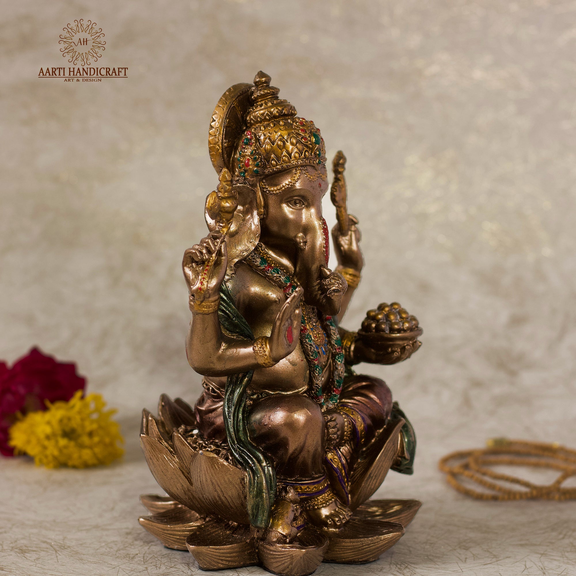 7' Ganesha sitting on lotus | Copper Finish