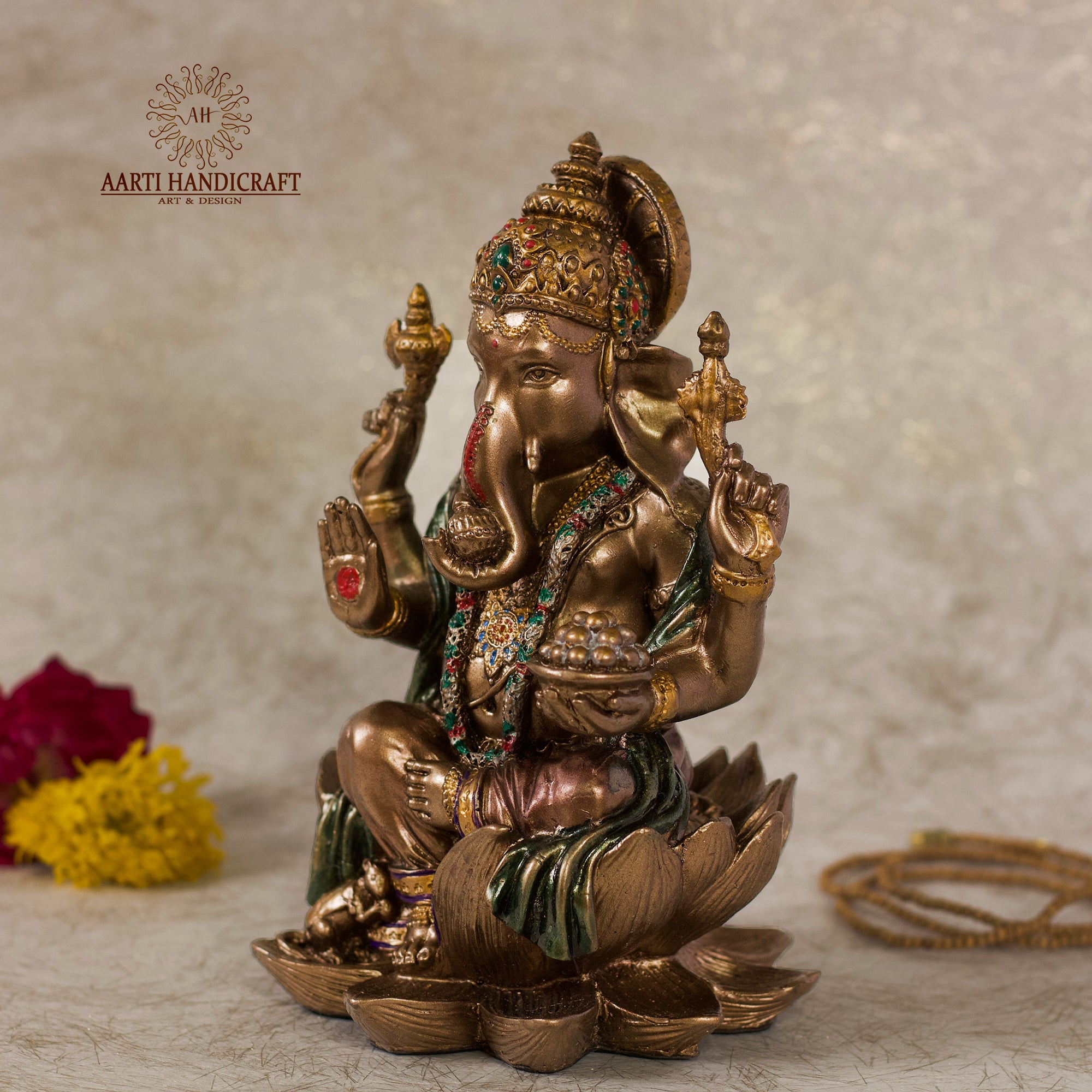 7' Ganesha sitting on lotus | Copper Finish