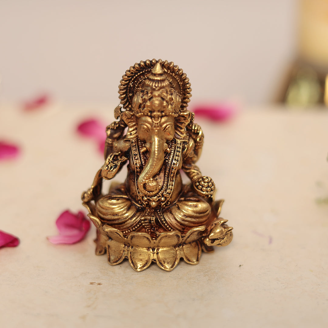 Superfine Brass Lakshmi and Ganesh Pair Sitting on Lotus