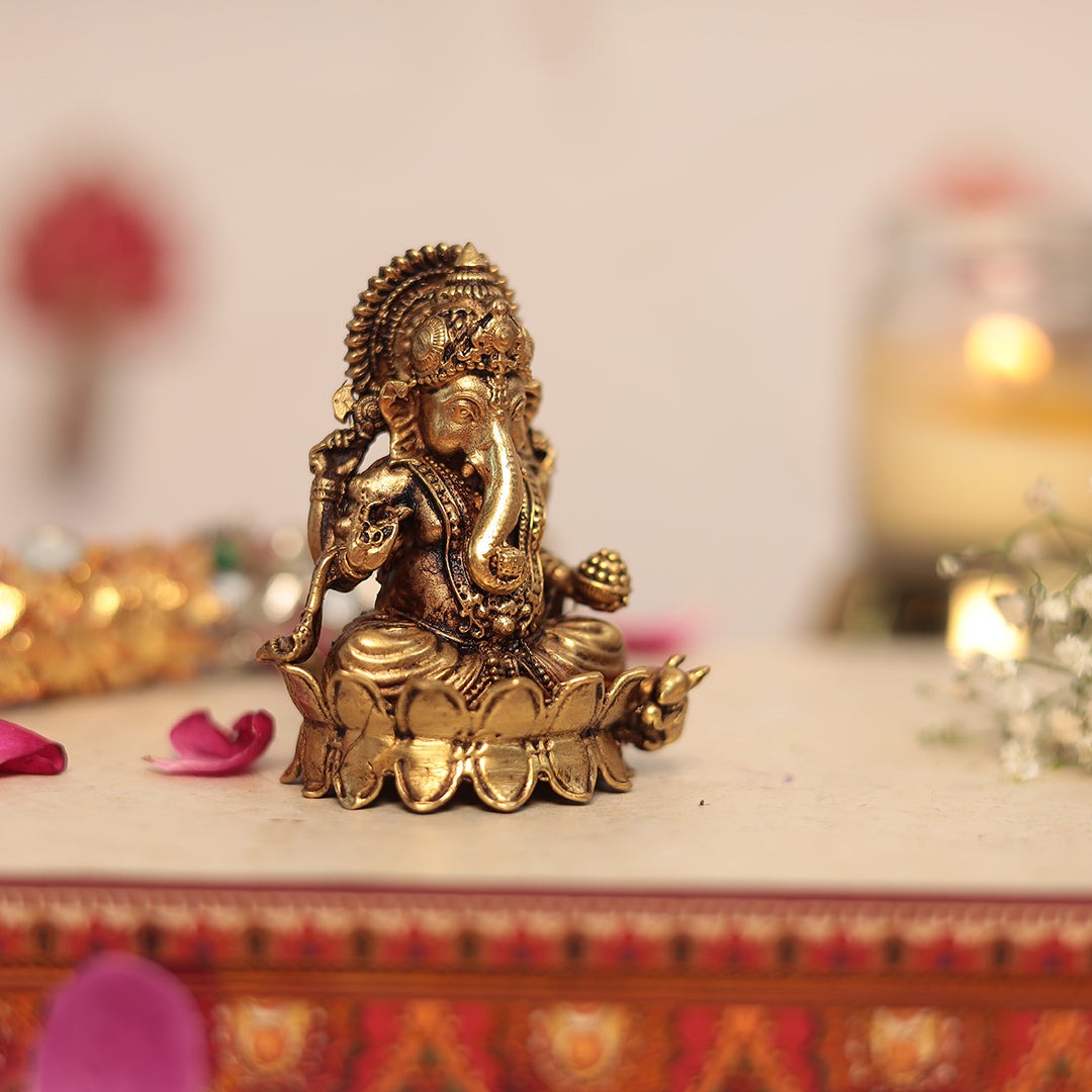 Superfine Brass Lakshmi and Ganesh Pair Sitting on Lotus