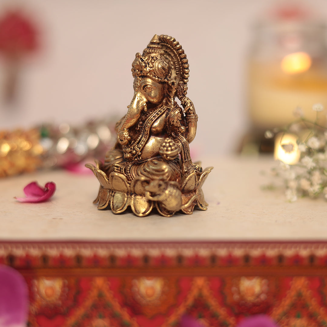 Superfine Brass Lakshmi and Ganesh Pair Sitting on Lotus