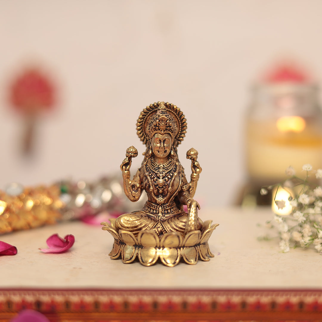 Superfine Brass Lakshmi and Ganesh Pair Sitting on Lotus