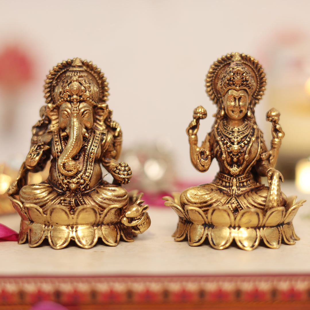 Superfine Brass Lakshmi and Ganesh Pair Sitting on Lotus