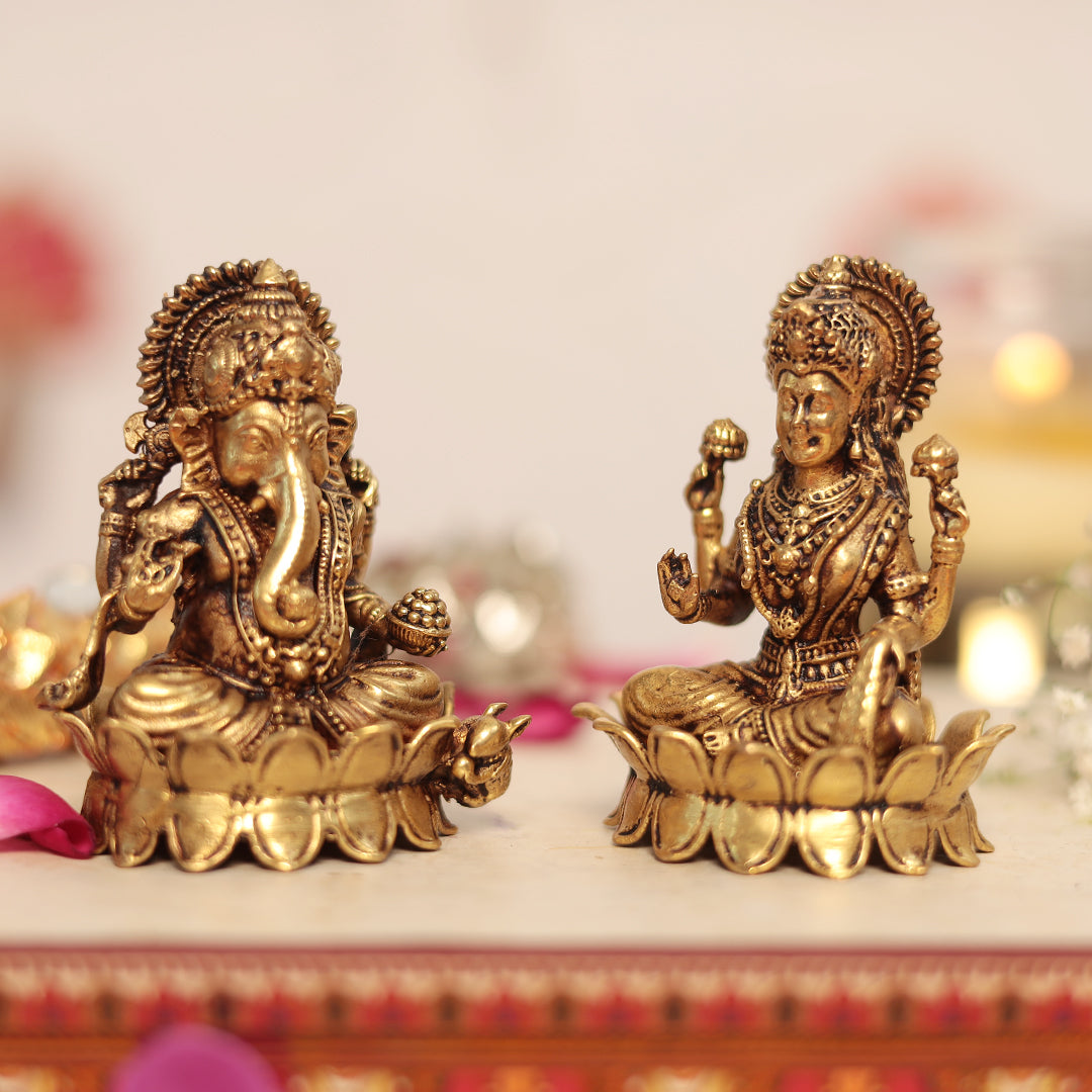 Superfine Brass Lakshmi and Ganesh Pair Sitting on Lotus