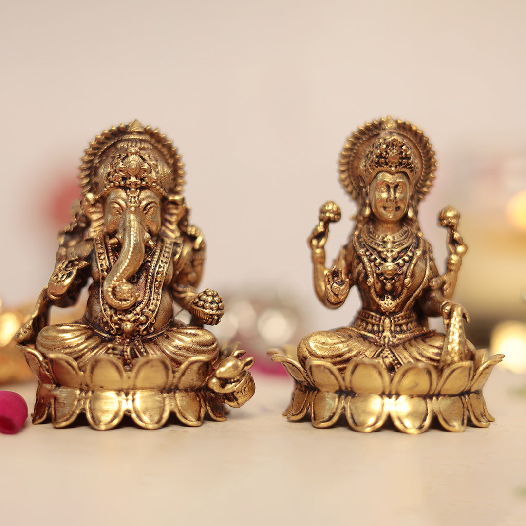 Superfine Brass Lakshmi and Ganesh Pair Sitting on Lotus