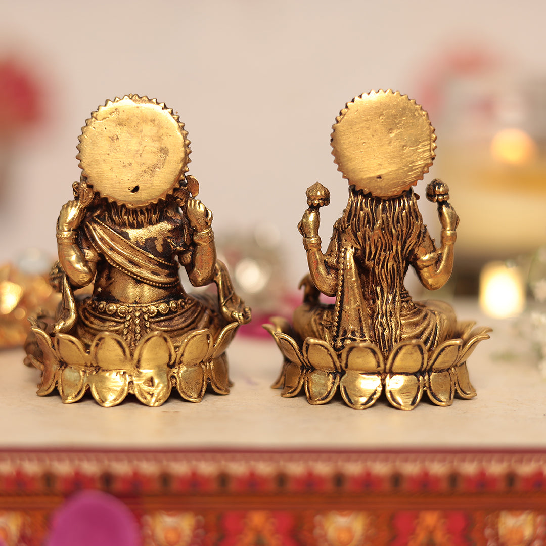 Superfine Brass Lakshmi and Ganesh Pair Sitting on Lotus