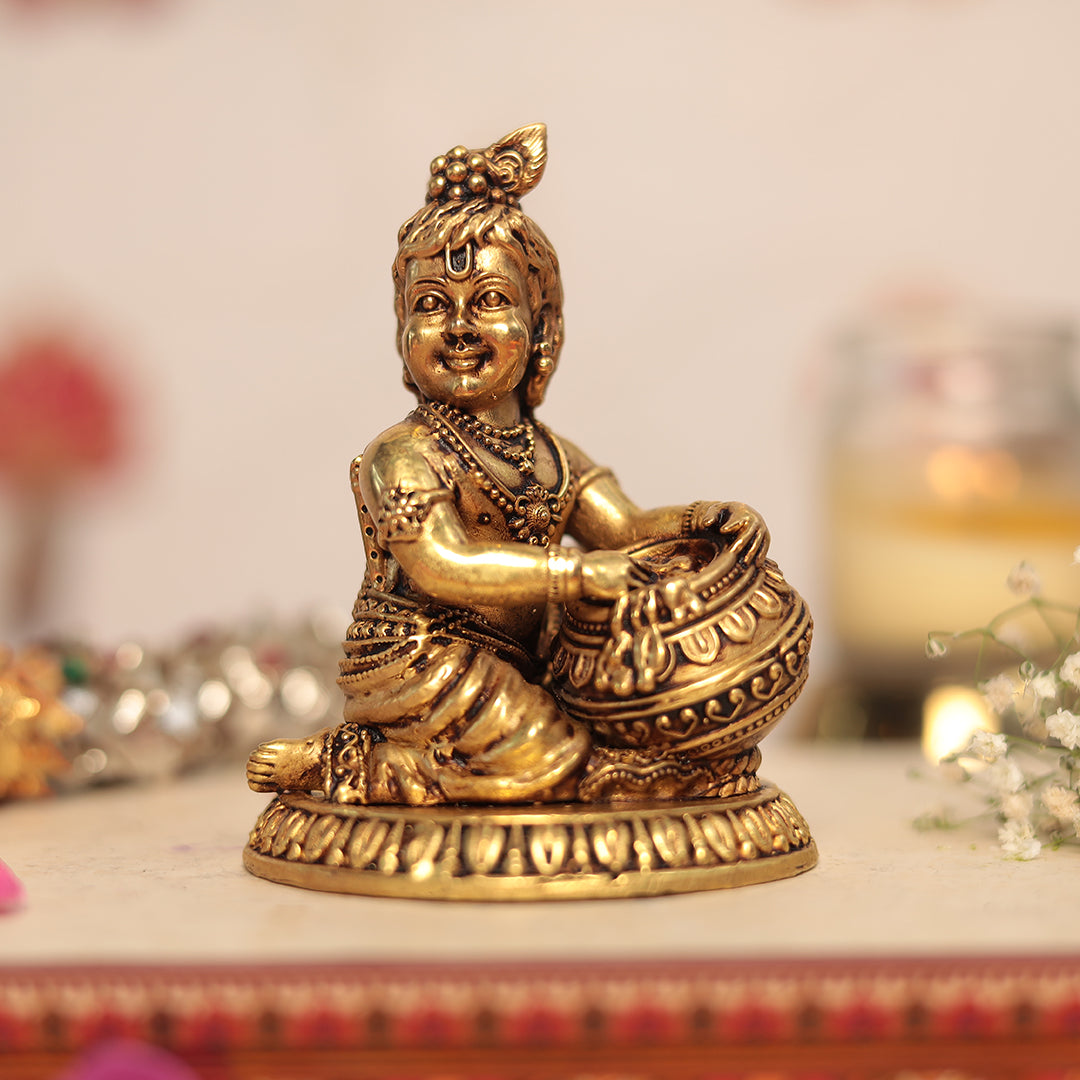 Brass Makhan Chor/Butter Thief Krishna/Laddu Gopal Idol In 4 Inches (10 Cm)