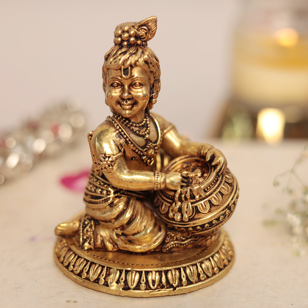 Brass Makhan Chor/Butter Thief Krishna/Laddu Gopal Idol In 4 Inches (10 Cm)