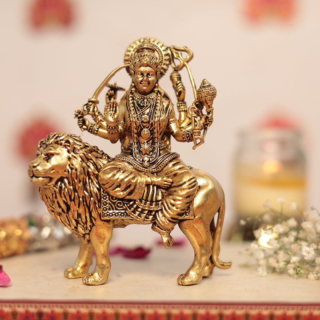 Brass 8-Armed Maa Durga Idol sitting on a lion (Sherawali)