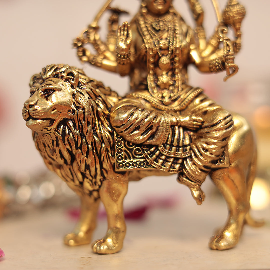 Brass 8-Armed Maa Durga Idol sitting on a lion (Sherawali)