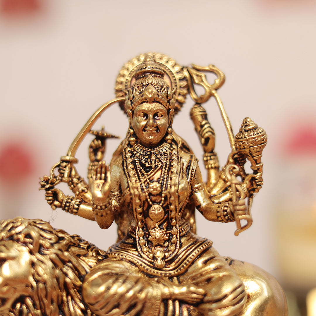 Brass 8-Armed Maa Durga Idol sitting on a lion (Sherawali)