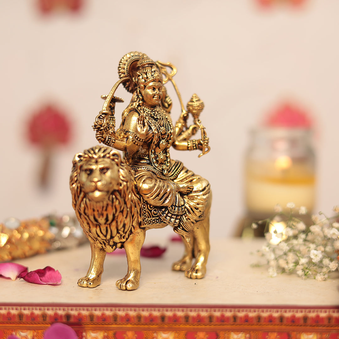 Brass 8-Armed Maa Durga Idol sitting on a lion (Sherawali)