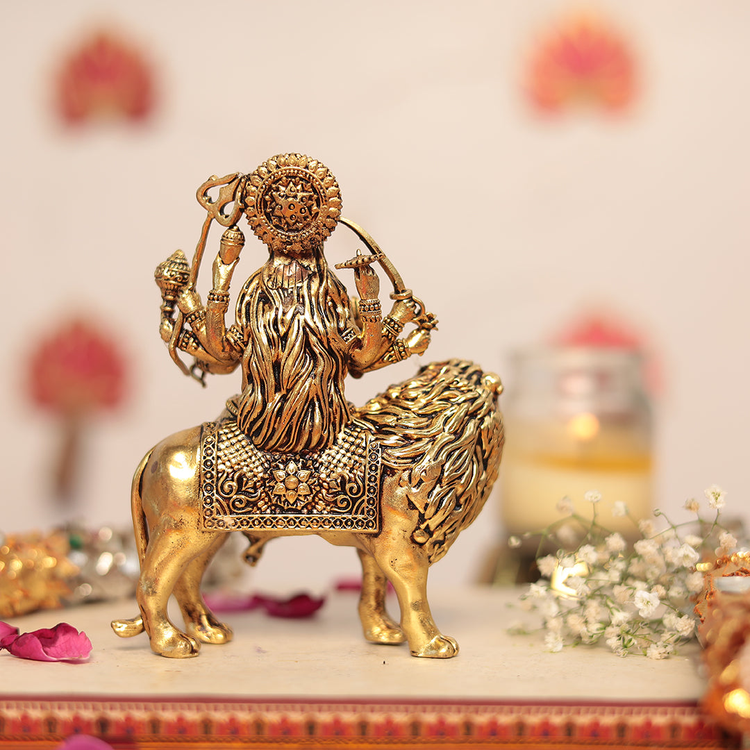 Brass 8-Armed Maa Durga Idol sitting on a lion (Sherawali)