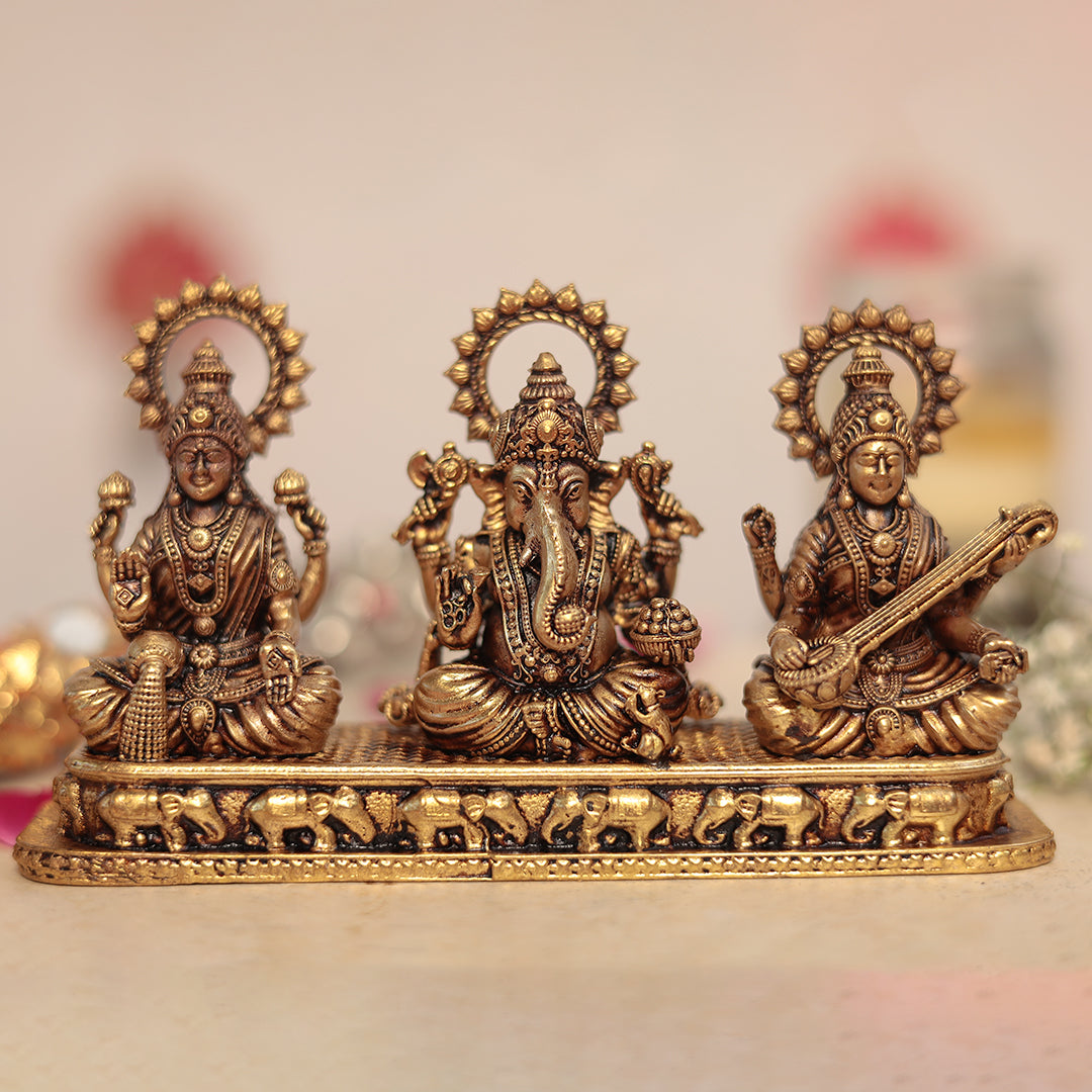 Antique Brass Exquisite Lakshmi, Ganesh and Saraswati  Set In 3 Inches (8 Cm)