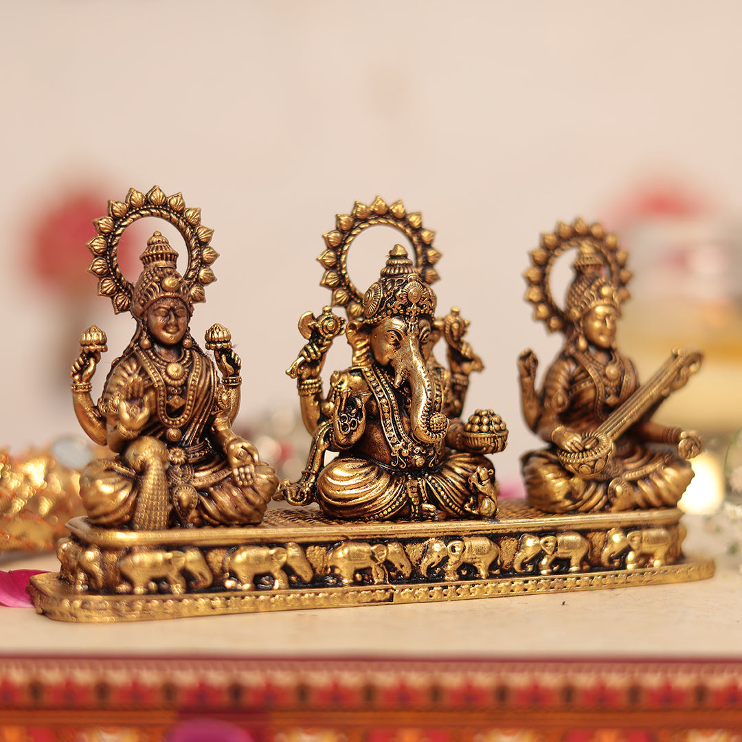 Antique Brass Exquisite Lakshmi, Ganesh and Saraswati  Set In 3 Inches (8 Cm)