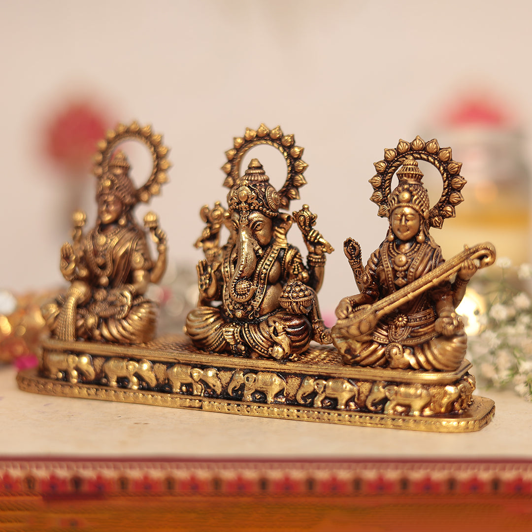 Antique Brass Exquisite Lakshmi, Ganesh and Saraswati  Set In 3 Inches (8 Cm)