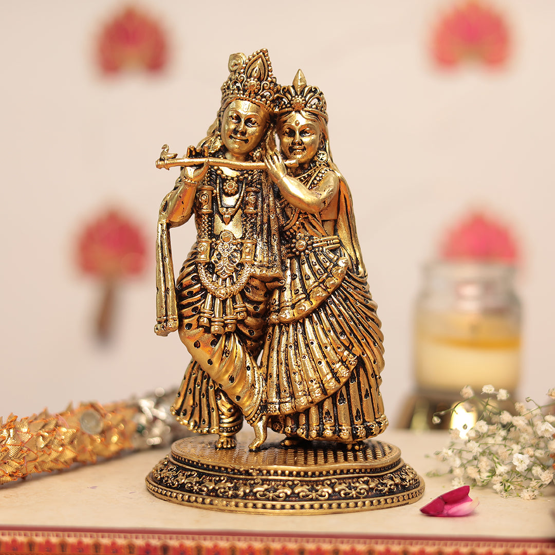 Romantic Brass Radha krishna Pair In Tribhanga Posture - Symbol of Love In 6.5 Inch