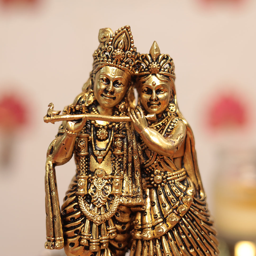 Romantic Brass Radha krishna Pair In Tribhanga Posture - Symbol of Love In 6.5 Inch