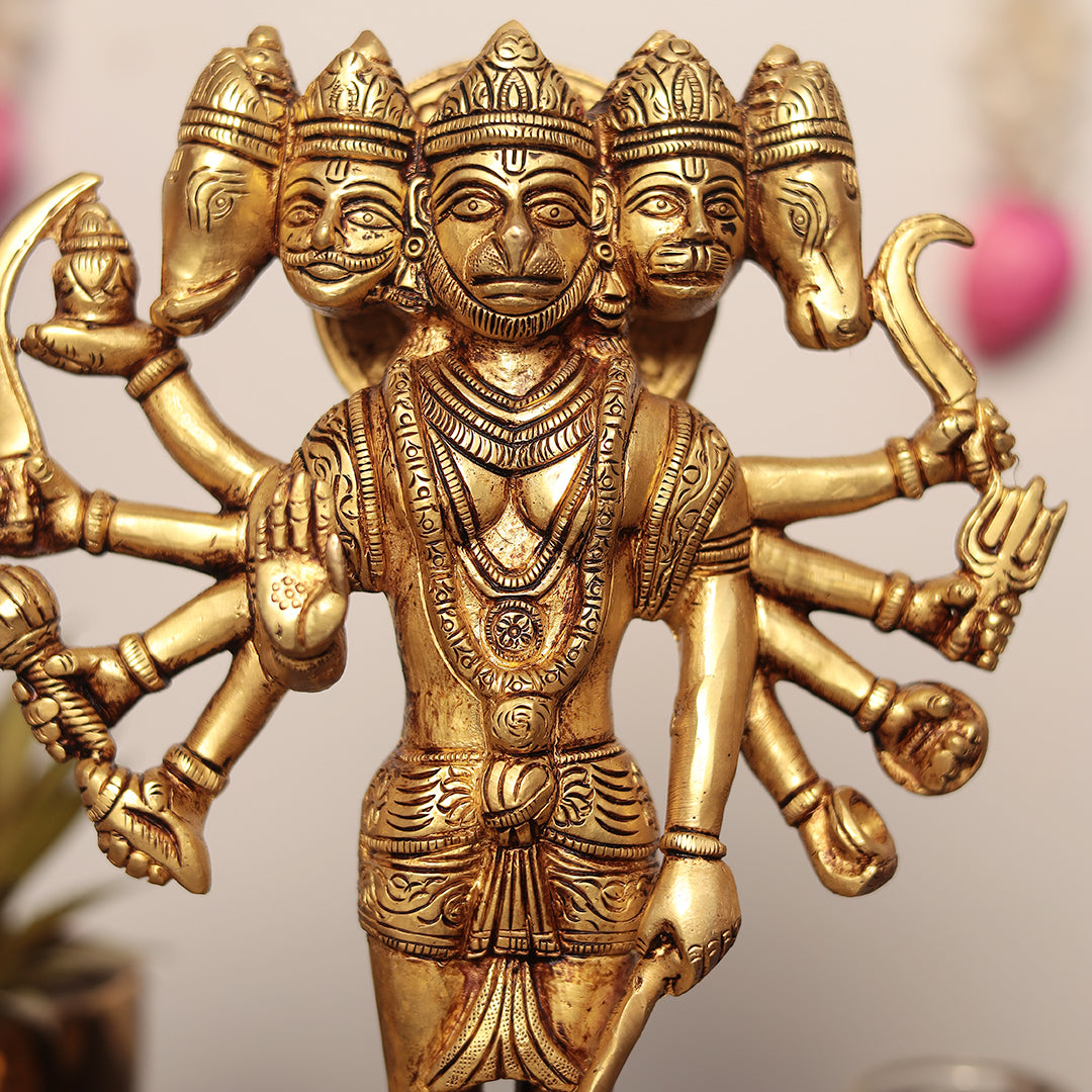 Standing Brass Panchmukhi Hanuman in 12 Inch - Protection From Evil