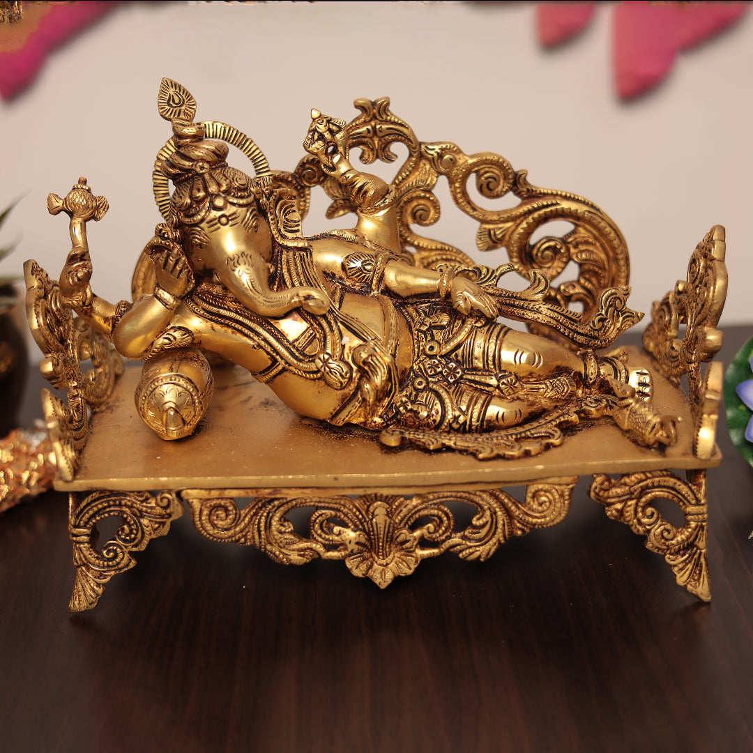 Brass Reclining Seth Ganesh on Singhasan - Symbol of Prosperity, Peace, and Protection