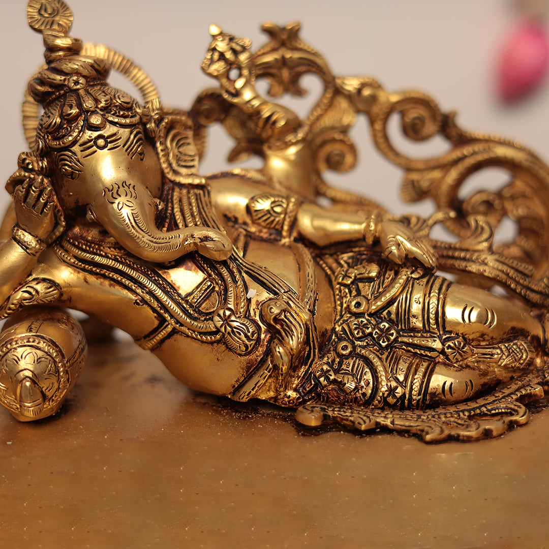 Brass Reclining Seth Ganesh on Singhasan - Symbol of Prosperity, Peace, and Protection