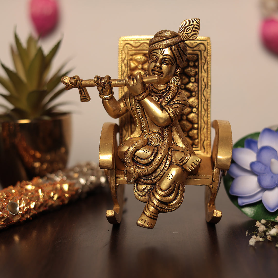 Brass Flute Krishna Sitting On Swinging Chair Idol In 6.5 Inch