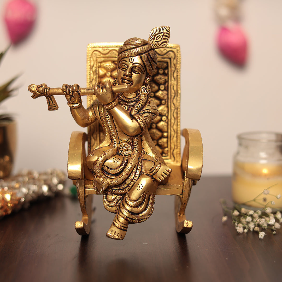 Brass Flute Krishna Sitting On Swinging Chair Idol In 6.5 Inch