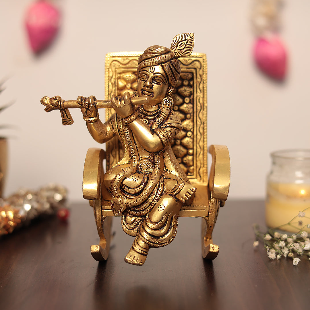 Brass Flute Krishna Sitting On Swinging Chair Idol In 6.5 Inch