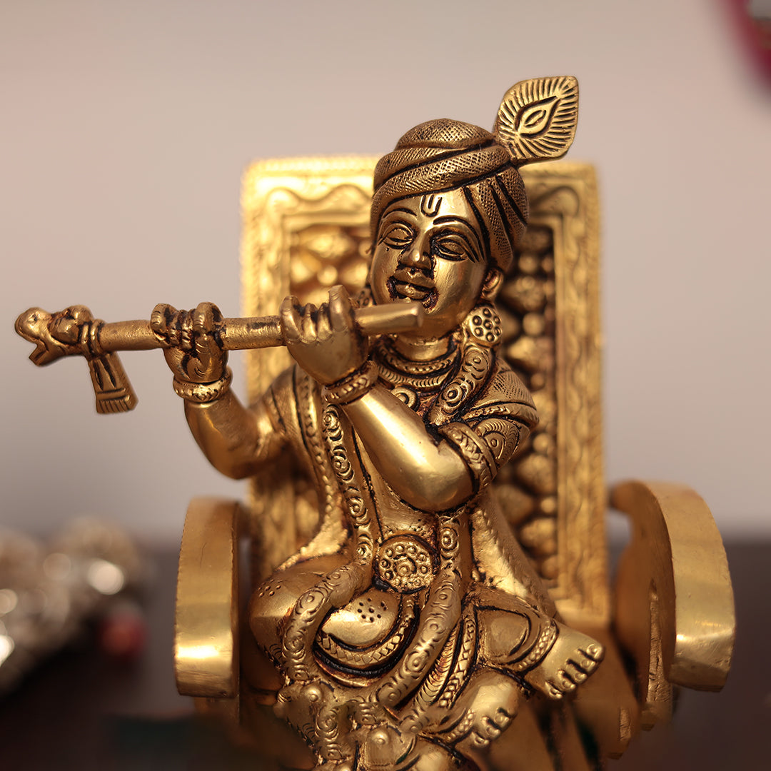 Brass Flute Krishna Sitting On Swinging Chair Idol In 6.5 Inch