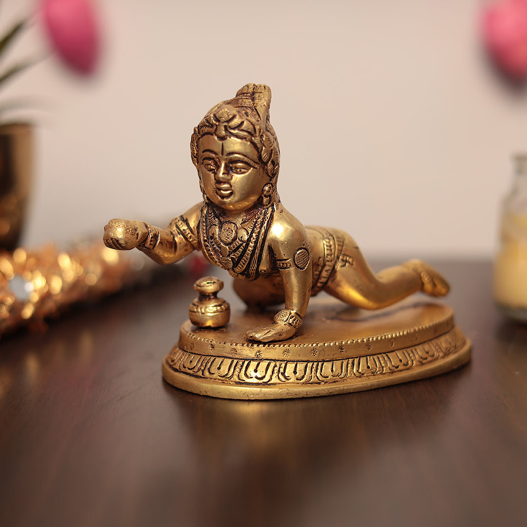 Super Fine Brass Bal Krishna (Laddu Gopal) For Puja/Home Decor In 5 Inches