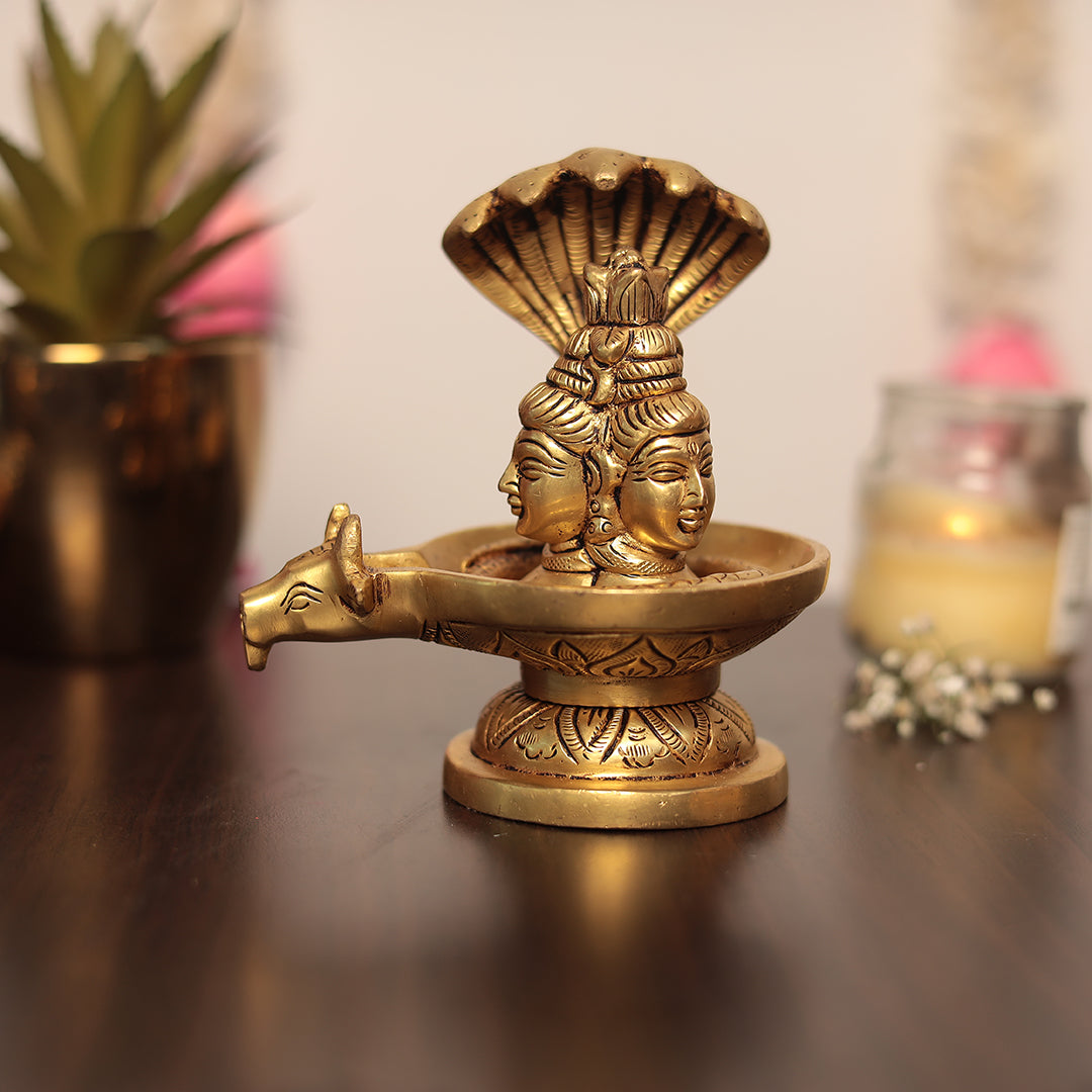 Brass Trimukhi Shivling with sheshnag in 5 Inch (13 Cm)