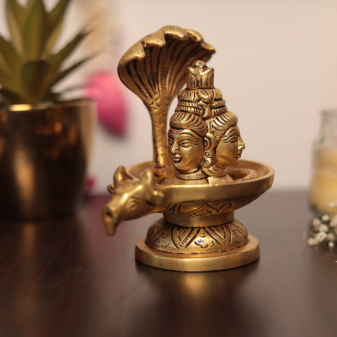 Brass Trimukhi Shivling with sheshnag in 5 Inch (13 Cm)