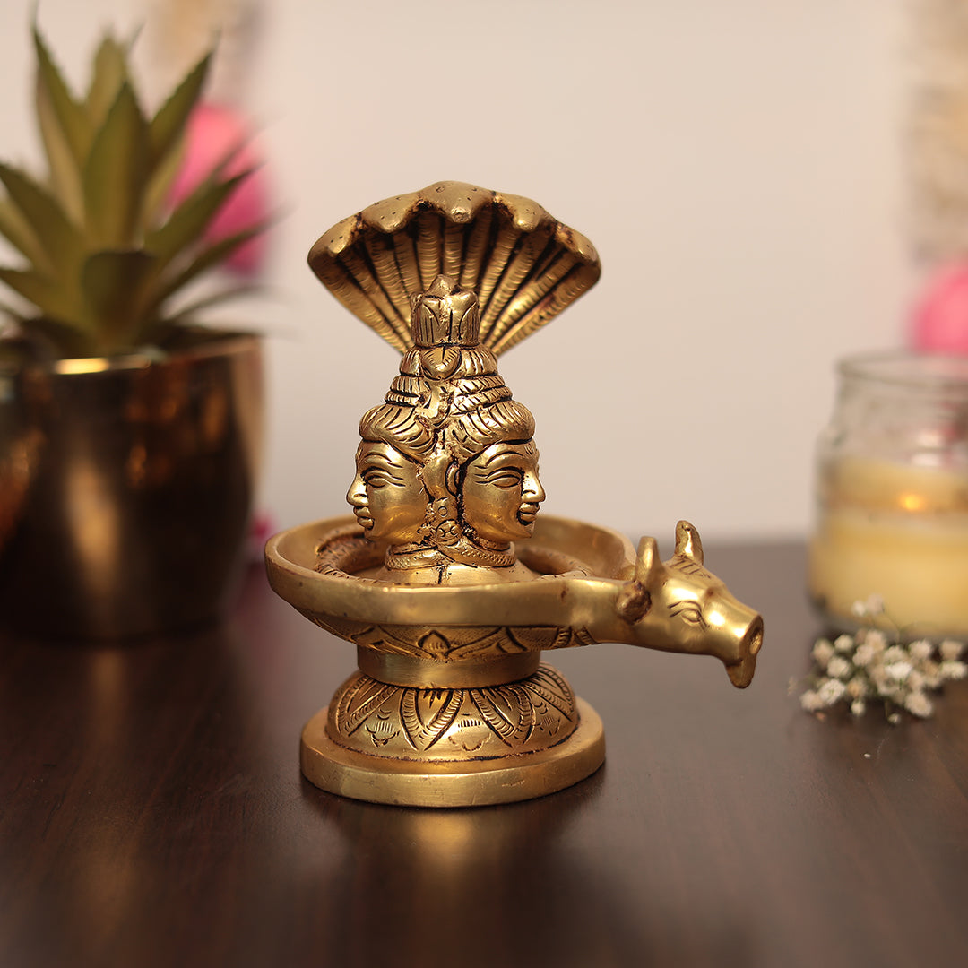 Brass Trimukhi Shivling with sheshnag in 5 Inch (13 Cm)