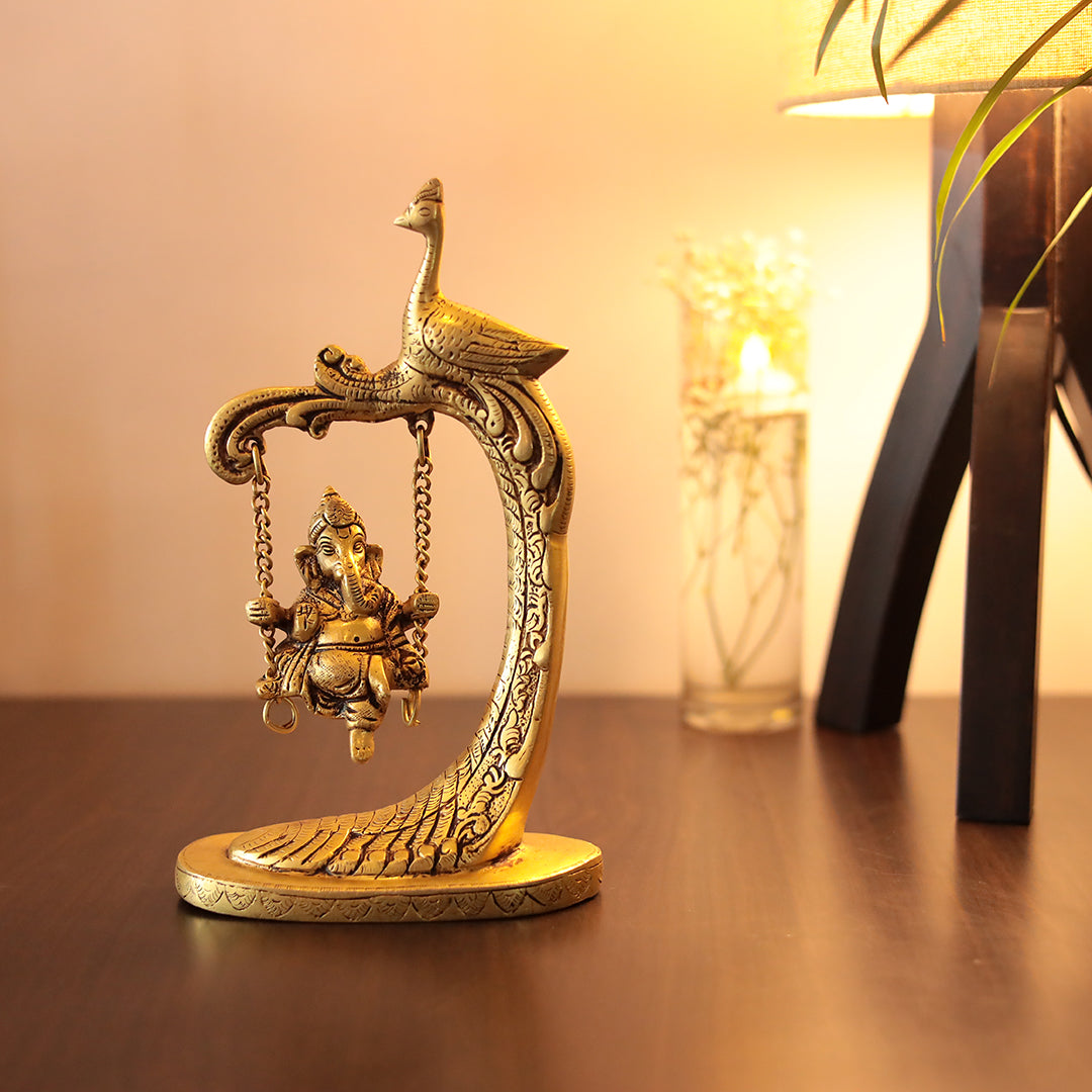 Brass Jhula Ganesh/Swinging Ganesh with Peacock Design Swing Stand in 9.5 Inch