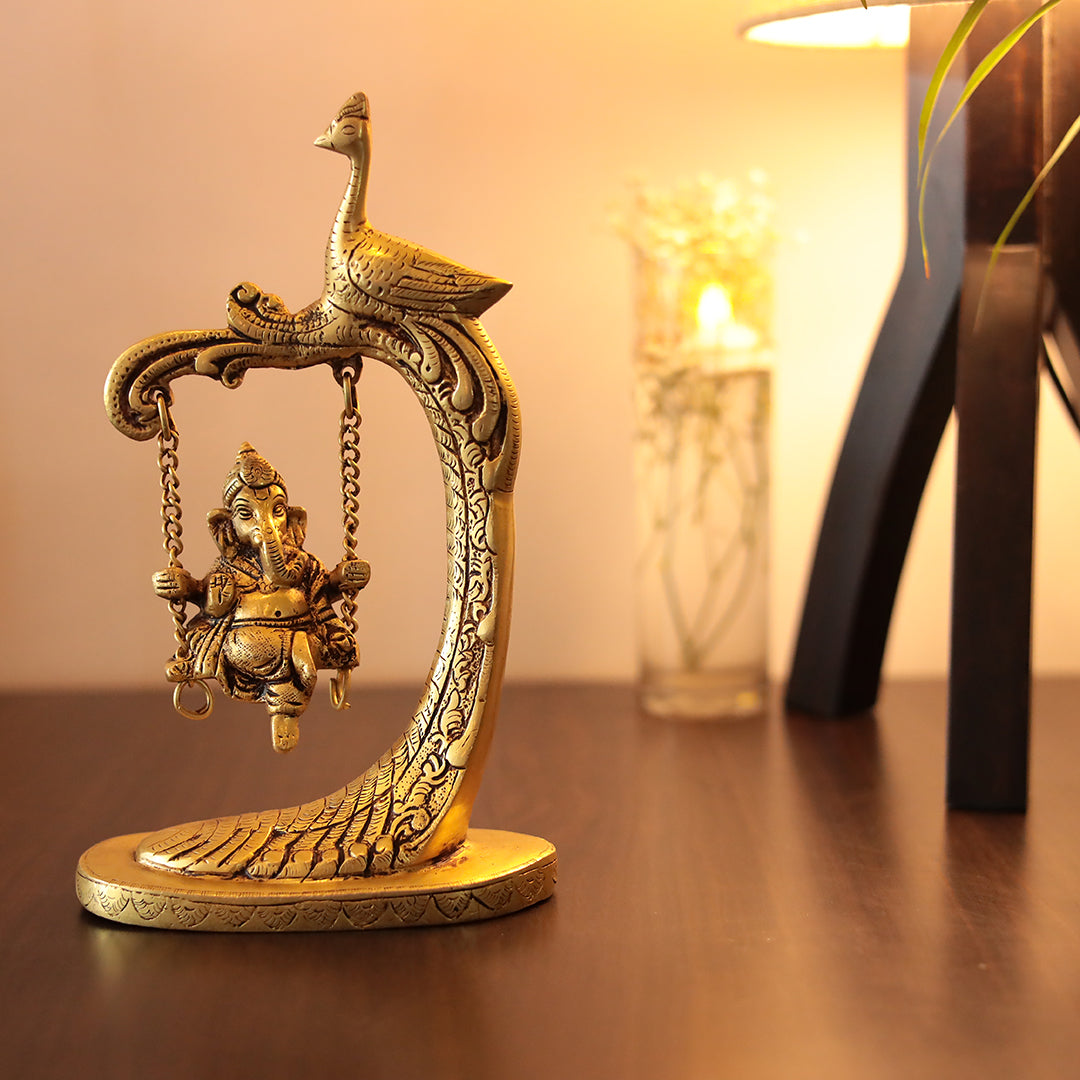 Brass Jhula Ganesh/Swinging Ganesh with Peacock Design Swing Stand in 9.5 Inch