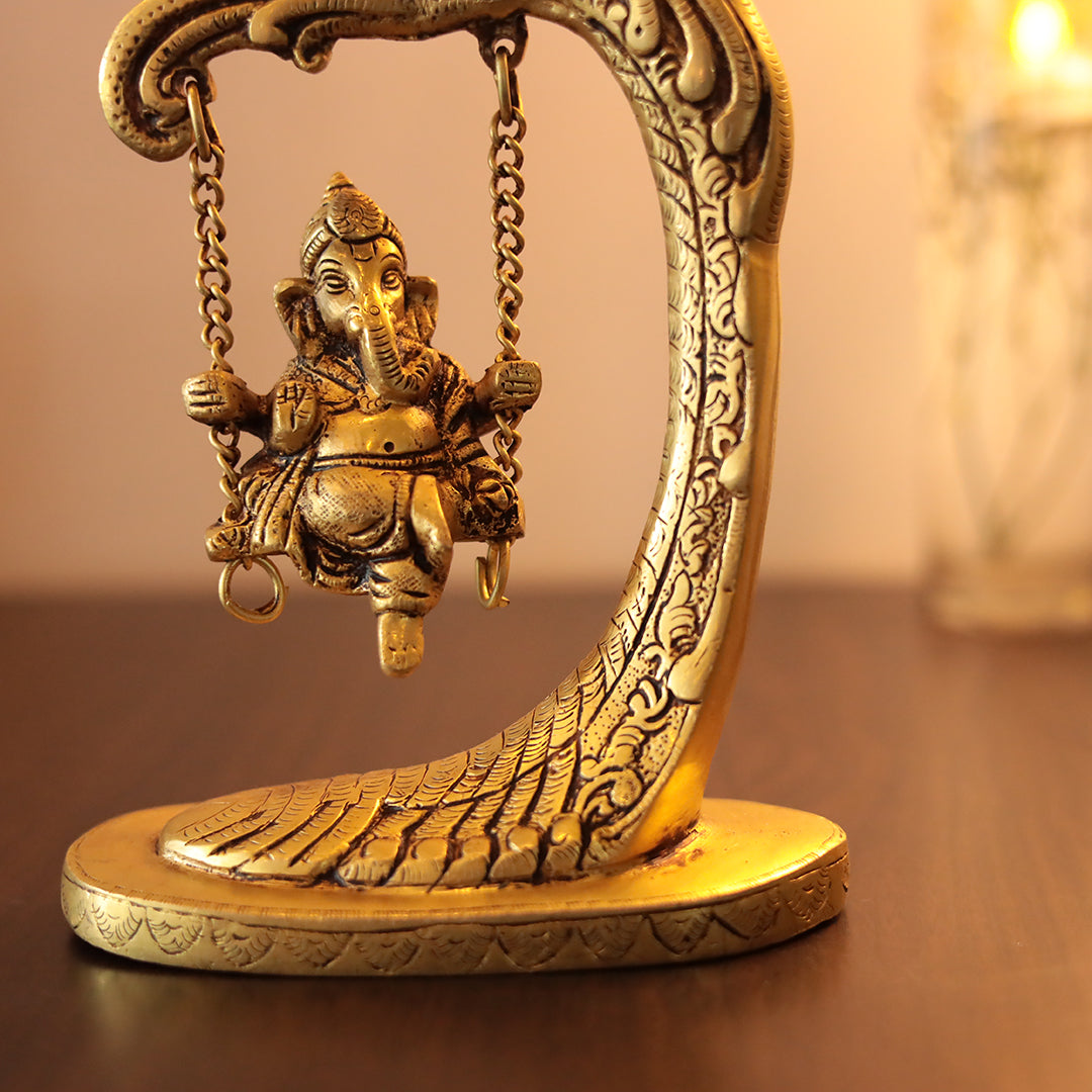 Brass Jhula Ganesh/Swinging Ganesh with Peacock Design Swing Stand in 9.5 Inch