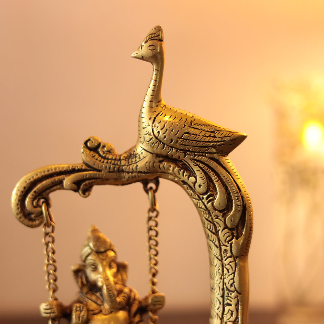 Brass Jhula Ganesh/Swinging Ganesh with Peacock Design Swing Stand in 9.5 Inch