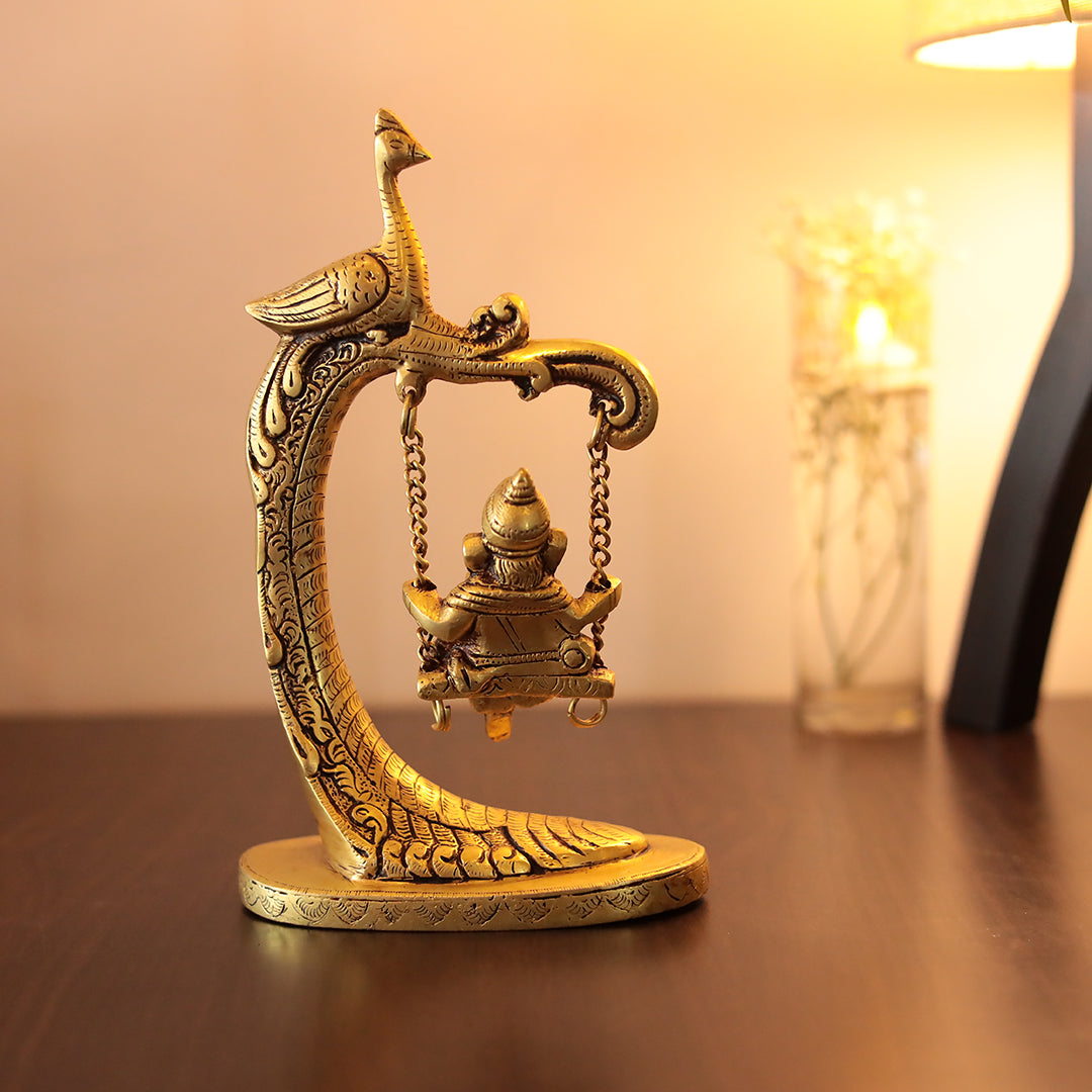 Brass Jhula Ganesh/Swinging Ganesh with Peacock Design Swing Stand in 9.5 Inch