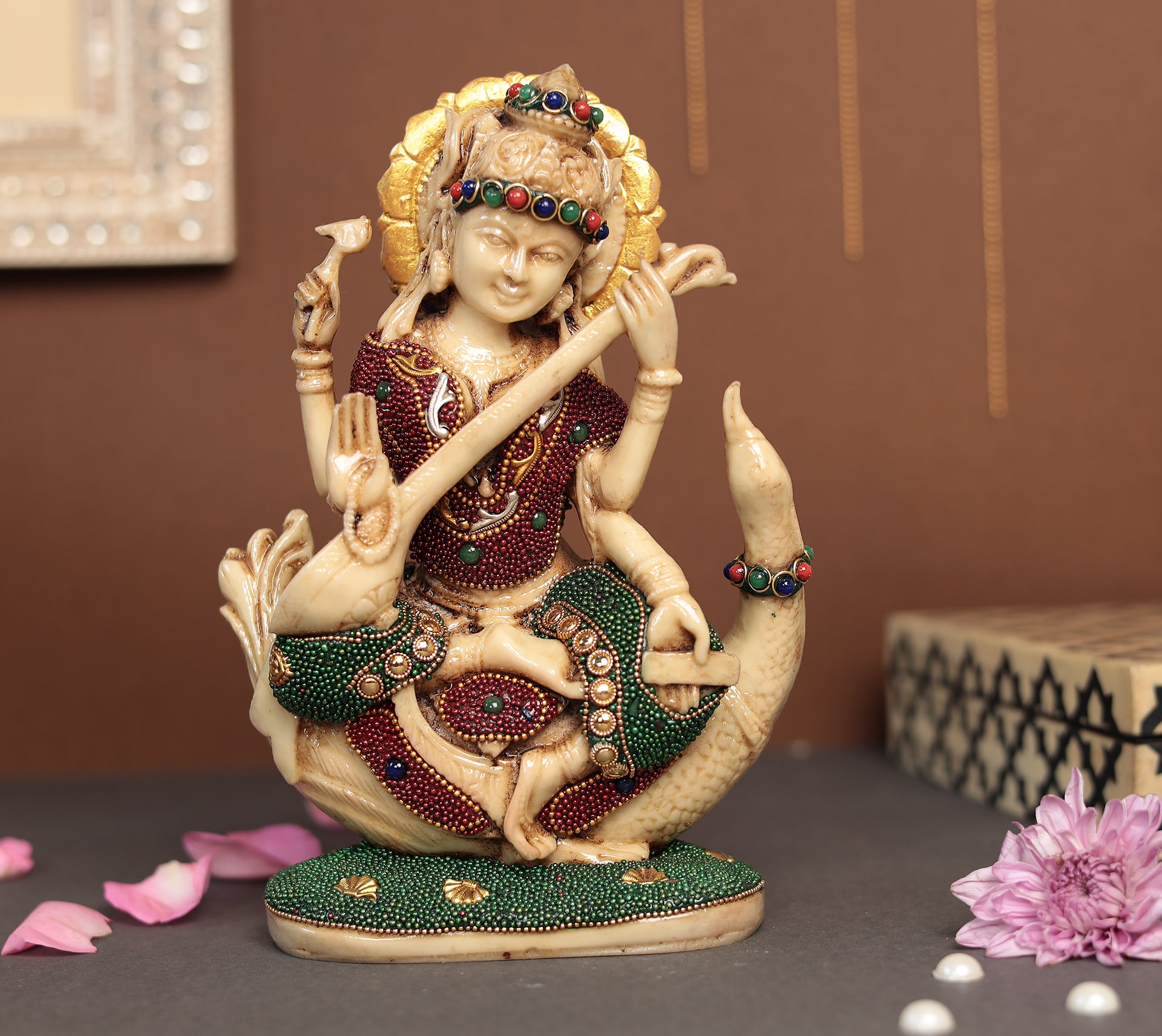 Saraswati Idol With Gem Stone Work in 8"