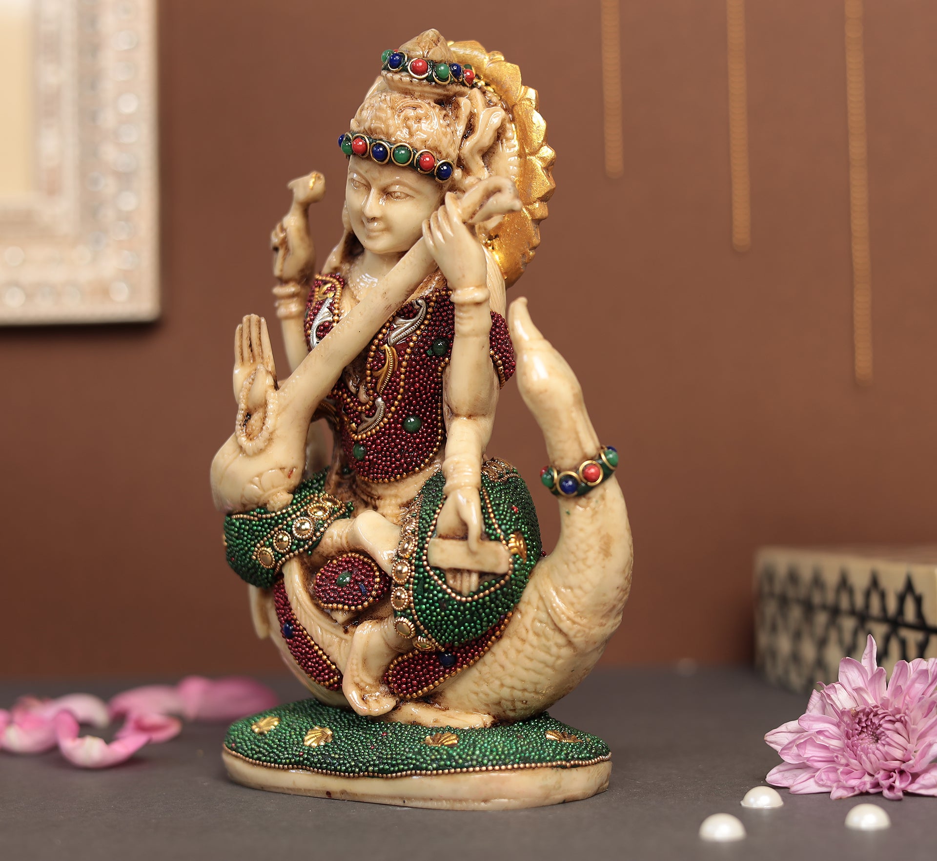 Saraswati Idol With Gem Stone Work in 8"